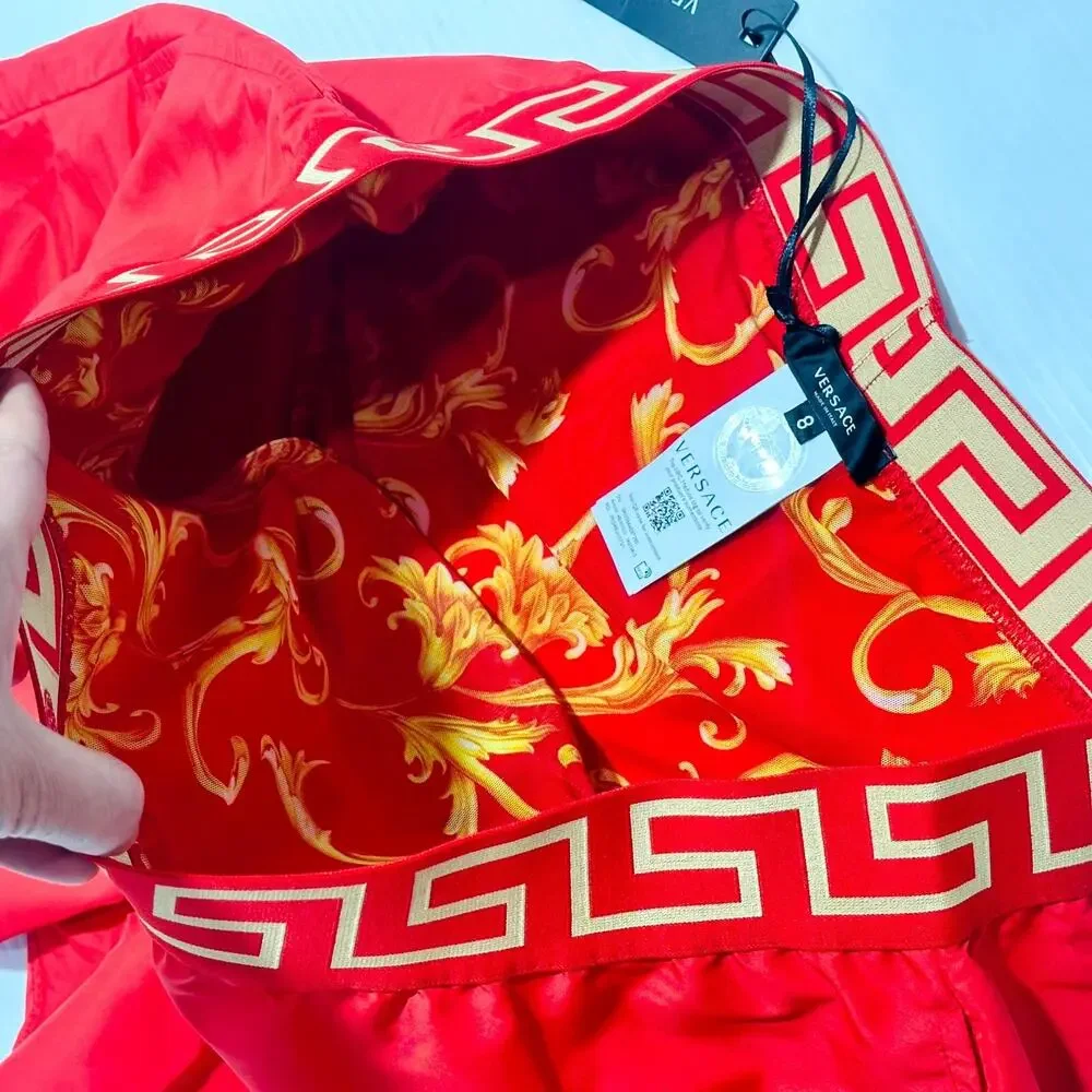 NWT Versace Greca Border Swim Shorts IT 8 US 2XL Red Medusa Logo Elastic Waist